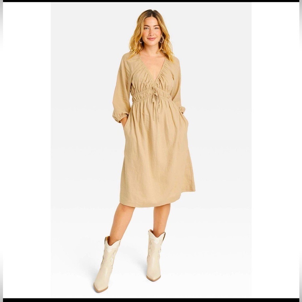 Women's Tie-Front Puff 3/4 Sleeve Midi Dress - Universal Thread size XS Tan